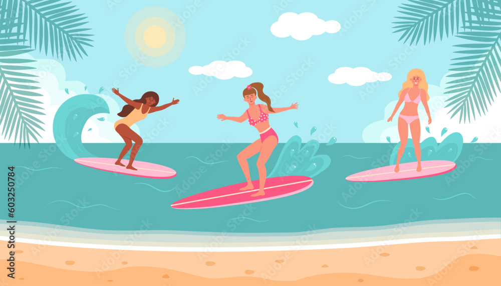 Women in swimsuits on surfboards on the beach. Summer seascape, active sport, surfing on ocean waves, paradise nature vacation. Flat cartoon vector illustration.