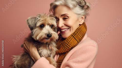 Astunning senior woman radiating happiness while hugging her beloved pet dog on a studio pink background. Generative AI photo
