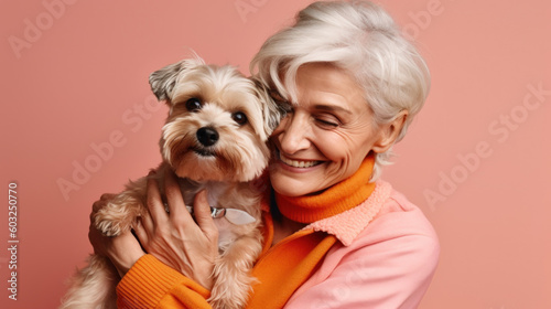 Portrait of a gorgoeus senior woman's smile is contagious as she embraces her furry friend. Generative AI photo