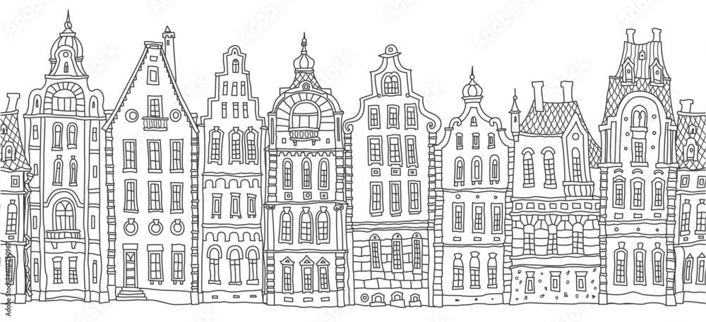 Architectural seamless border pattern. Fairy tale Dutch houses panorama, old medieval European town street. Coloring book page, travel brochure, web site banner
