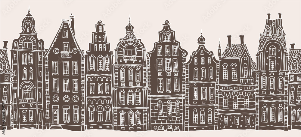 Architectural seamless border pattern. Brown and beige doodle Fantasy landscape.Fairy tale Dutch houses panorama, old medieval European town street. Hand drawn sketch, travel brochure, web site banner