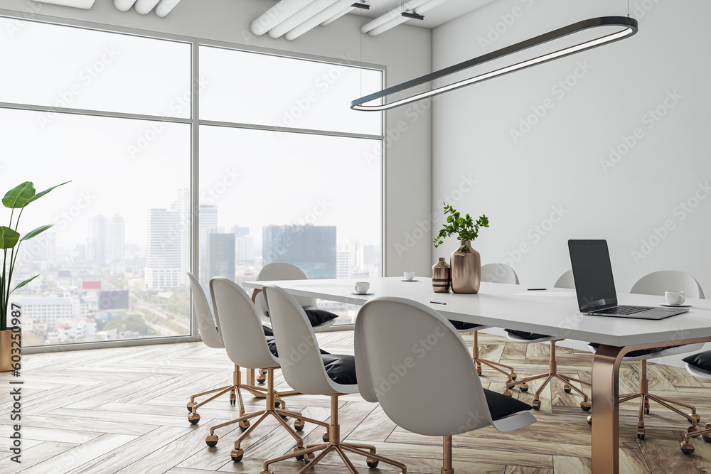 Perspective view on stylish white meeting table with golden legs and wheel chairs around on wooden floor and white wall background in sunlit conference area with city view backdrop. 3D rendering - obrazy, fototapety, plakaty 