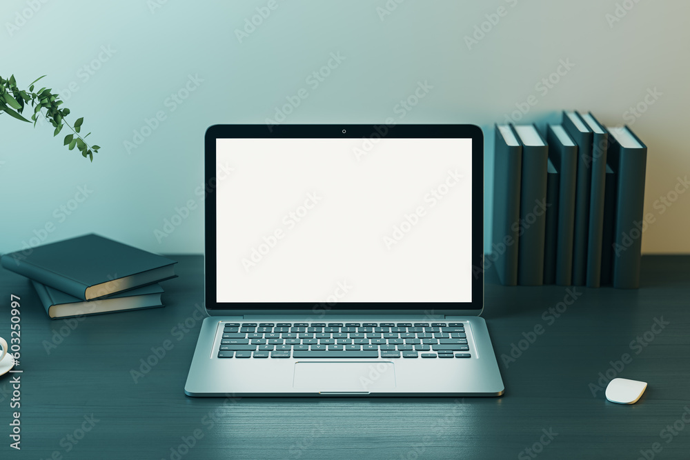 Fototapeta premium Front view on blank white modern laptop screen with place for web design, site or landing page on wooden table with black cover books and computer mouse on light wall background. 3D rendering, mockup