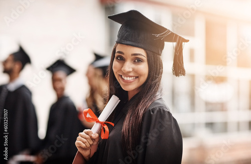 Woman, graduation and portrait of a college student with a diploma and smile outdoor. Female person excited to celebrate university achievement, education success and future at school graduate event