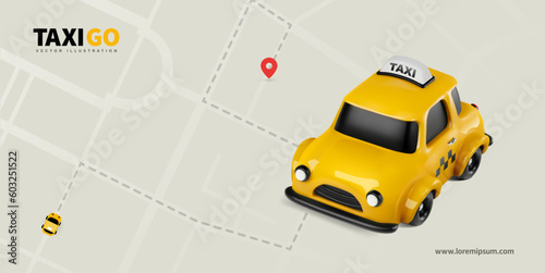 3d cartoon toy city taxi vehicle on city map background. Yellow cab service vector illustration.