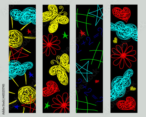 Set bookmarks with hand drawn flowers, stars, hearts, sun, clouds, on black background in childrens slyle.