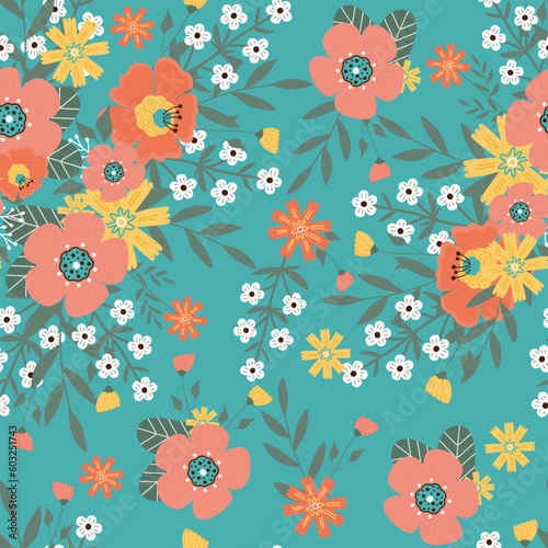 Seamless pattern with hand drawn   flowers and branch with leaves.