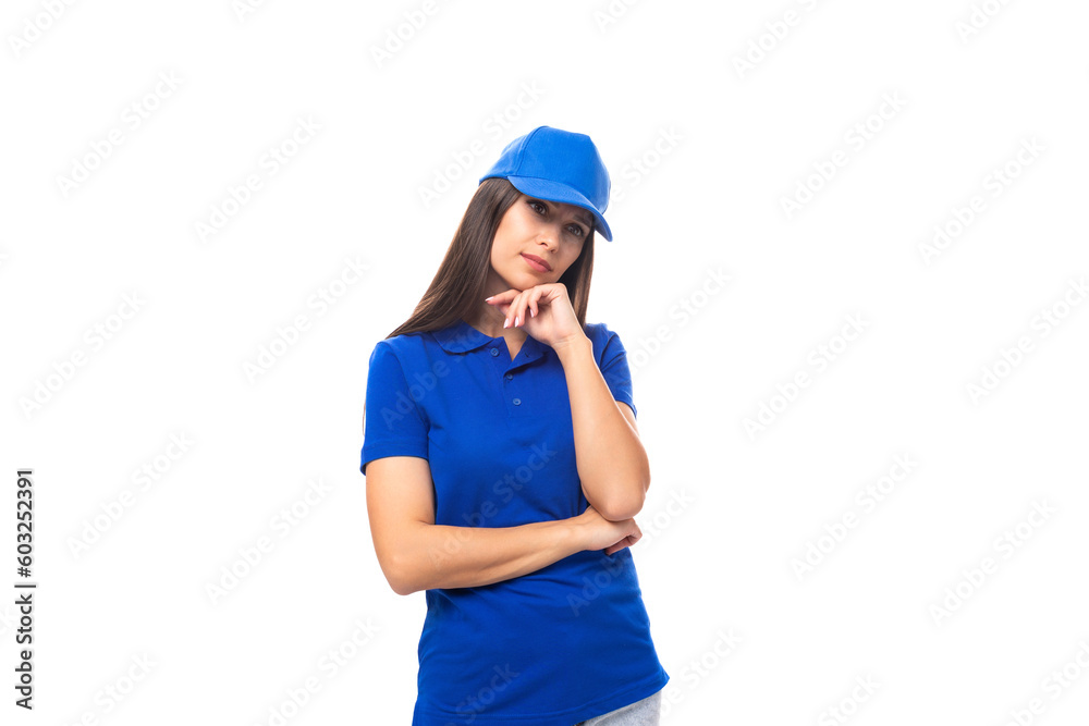 attractive pretty young caucasian brunette advertiser woman dressed in clean blue t-shirt and cap with print mockup attractive pretty young caucasian brunette advertiser woman dressed in clean blue t-shirt and cap with print mockup