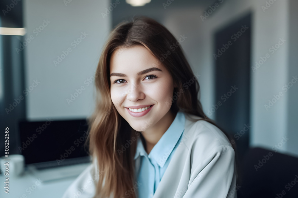 A young Western woman in professional attire sits at her desk in a well lit office, looking directly at the camera with a confident expression generative AI. A young Western woman in professional attire sits at her desk in a well lit office, looking directly at the camera with a confident expression generative AI.