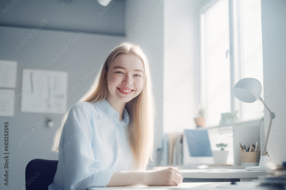 A young Western woman in professional attire sits at her desk in a well lit office, looking directly at the camera with a confident expression generative AI. A young Western woman in professional attire sits at her desk in a well lit office, looking directly at the camera with a confident expression generative AI.