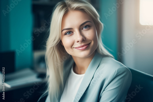 A young Western woman in professional attire sits at her desk in a well lit office, looking directly at the camera with a confident expression generative AI.