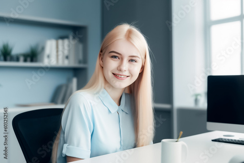 A young Western woman in professional attire sits at her desk in a well lit office, looking directly at the camera with a confident expression generative AI.