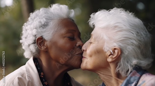 Old women lesbian couple. Black and Caucasian female in love. LGBT pride month celebration generative ai © Roman