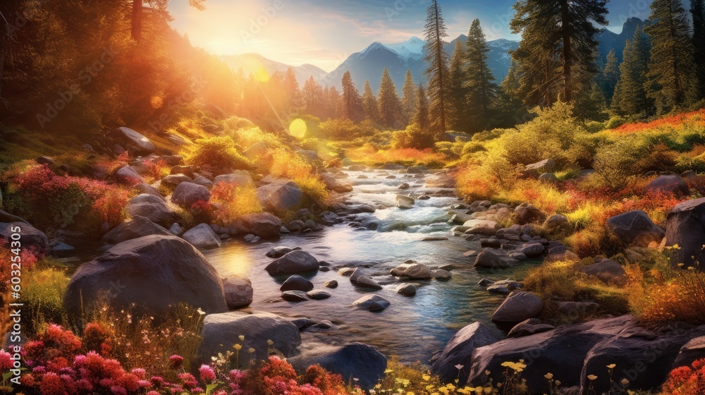 Vibrant world filled with lush green forests, a captivating cascading waterfall, and vibrant wildflowers blooming in the foreground. Generative AI