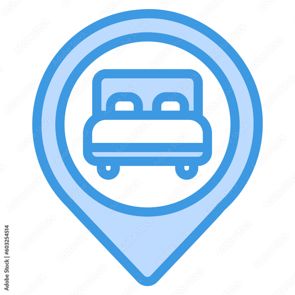 Hotel location icon in blue style, use for website mobile app presentation