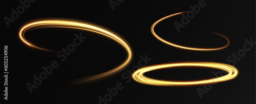 Golden glowing swirl. Light speed motion effect. Light trail. Shiny wavy path. Vector.