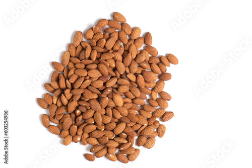 Lot of almonds white background, isolate.