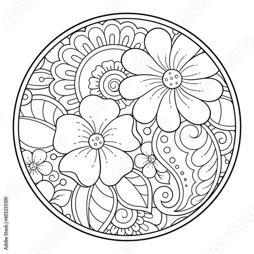 Outline round flower pattern in mehndi style for coloring book page. Antistress for adults and children. Doodle ornament in black and white. Hand draw vector illustration.