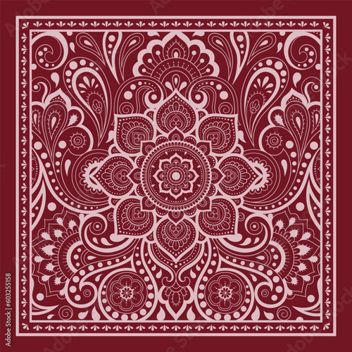 Circular pattern in form of mandala with flower for Henna, Mehndi, decoration. Red decorative ornament in ethnic oriental style for a bandana. Outline doodle hand draw vector illustration.