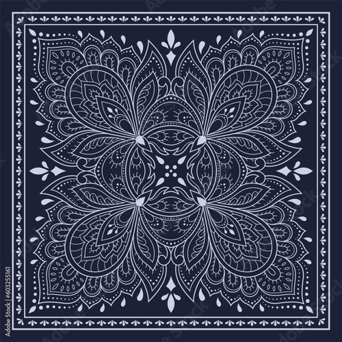 Circular pattern in form of mandala with flower for Henna, Mehndi, decoration. Blue decorative ornament in ethnic oriental style for a bandana. Outline doodle hand draw vector illustration.