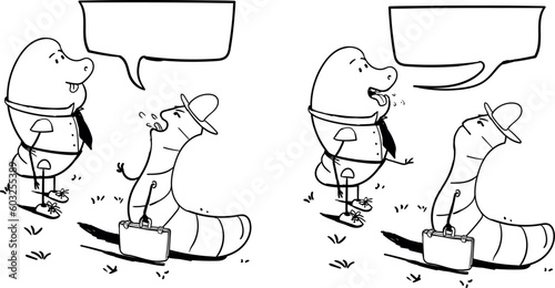 Two funny civil servants or business characters communicate with each other. One of them is an anthropomorphic man, and the other is a worm and is holding a suitcase.