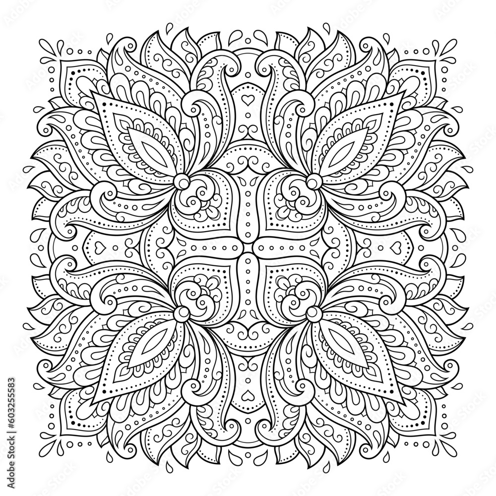 Circular pattern in form of mandala with flower for Henna, Mehndi, tattoo, decoration. Decorative ornament in ethnic oriental style. Outline doodle hand draw vector illustration.