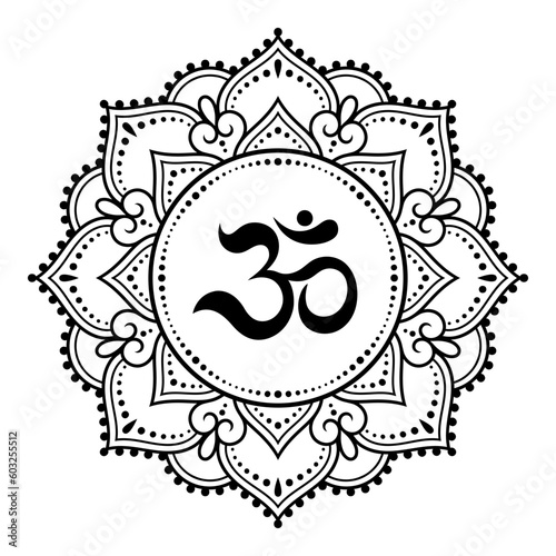 Circular pattern in form of mandala for with flower Henna, Mehndi, tattoo, decoration. Decorative ornament in oriental style with ancient Hindu mantra OM. Outline doodle vector illustration. photo