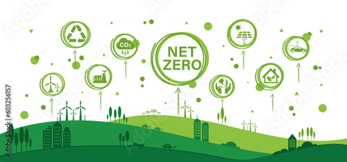 Net zero and carbon neutral concept. Net zero greenhouse gas emissions target. Climate neutral long term strategy with green net zero icon and green icon on green circles doodle background.	
