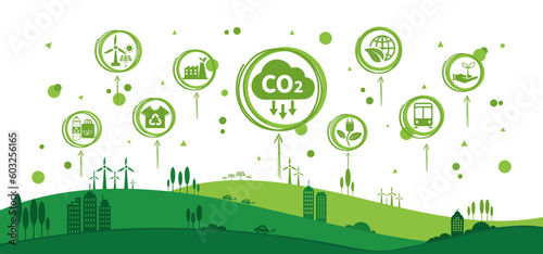 The concept of reduce co2 emission using clean energy and reduce climate change problem with flat icon vector illustration. Green environment templet infographic design for web banner. photo