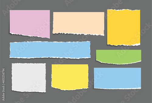 Set of paper note ripped strips isolated background. Paper page scraps with torn edges.