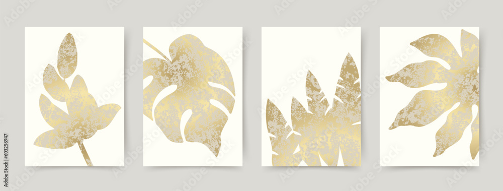 Abstract artistic background with tropical leaves and golden texture on white. Vector botanical set for wall poster, print design, wallpaper, interior design, postcard