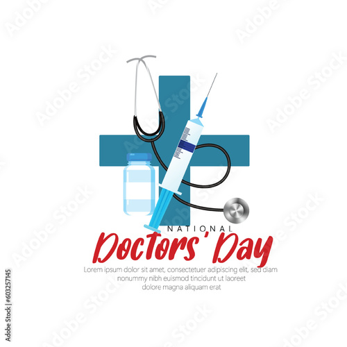 World Doctors Day. Happy doctor's day with symbol of heartbeat, syringe and stethoscope isolated on white background