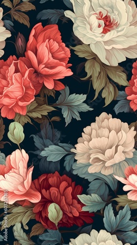 Vibrant floral pattern featuring lush and blooming roses. Generative AI