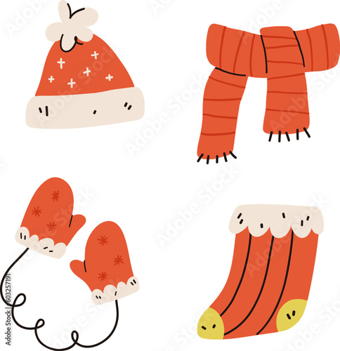 Winter clothes. Knitted hat, christmas sock, scarf and mitten. Vector illustration.