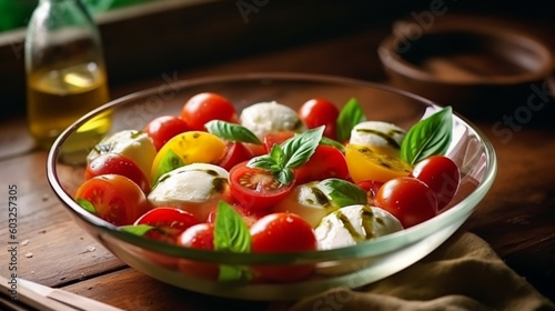 Caprese salad.Mediterranean salad. Mozzarella, cherry tomatoes, basil and olive oil on an old oak table. Italian cuisine. Generated by KI photo