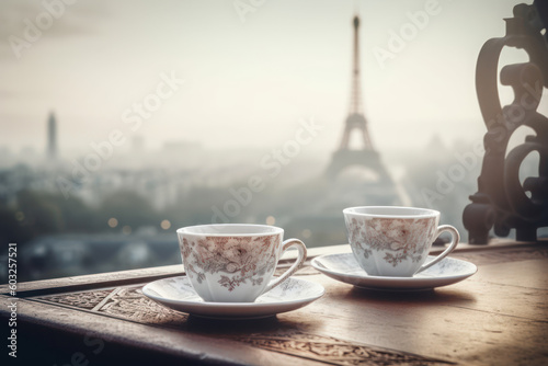 two vintage old coffee cups on plates against Paris city skyline Eifel tower roof top panorama view. generative ai