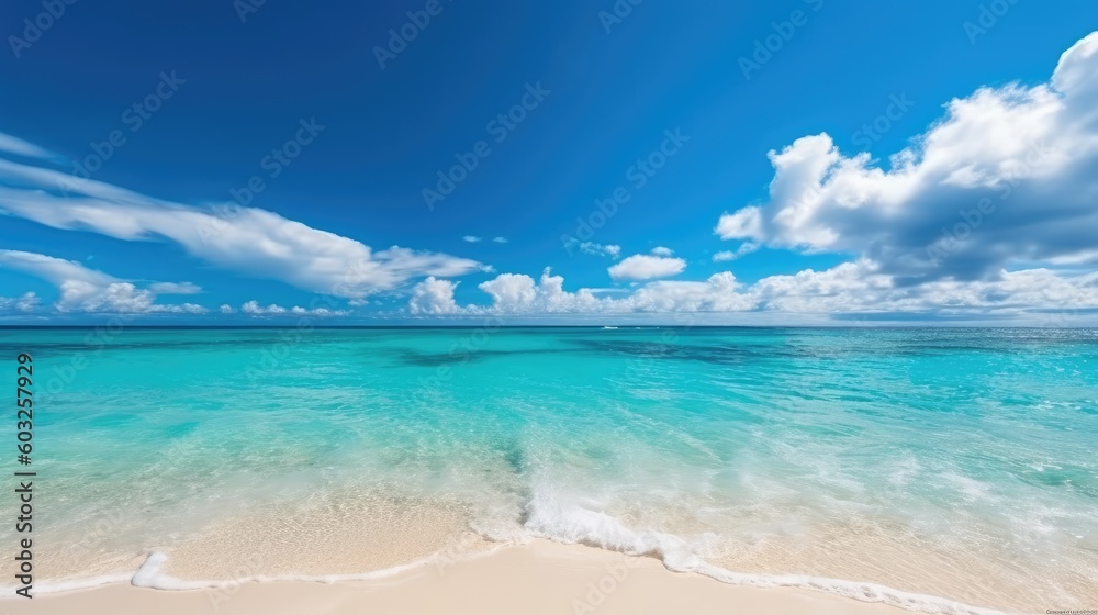 Beautiful background for summer vacation and travel. Golden sand of tropical beach, blue sky and blurred glare of sun on waves of surf. Generative AI