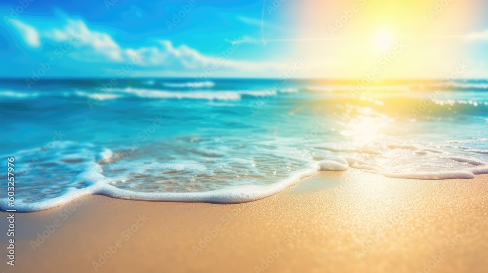 Natural blurred defocused background for concept summer vacation. Nature of tropical summer beach with rays of sunlight. Light sand beach, ocean water sparkles against blue sky. Generative AI