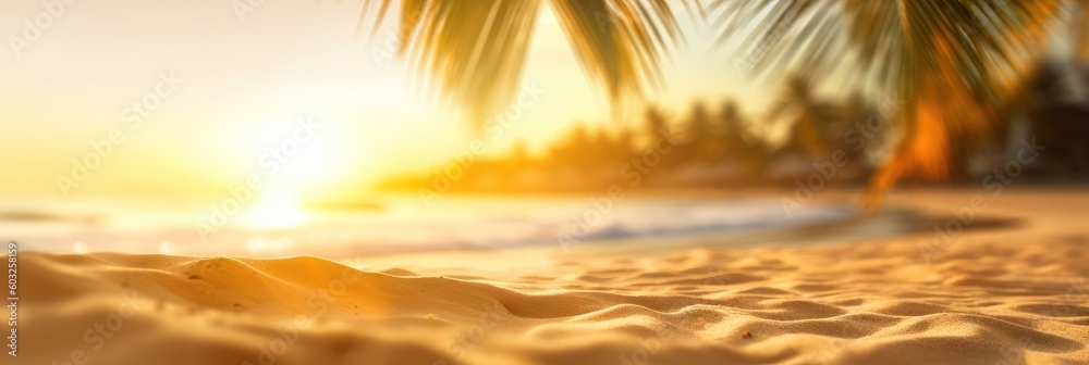 Abstract blur defocused background, nature of tropical summer beach with rays of sun light. Golden sand beach, sea water and palm leaves against sky. Copy space, summer vacation concept. Generative AI