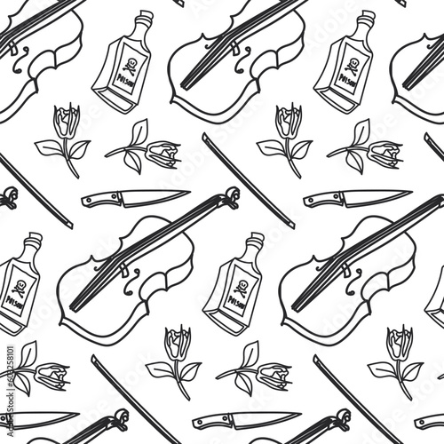 The pattern of the elements of the theme of the weekend in the contour style. Monochrome contoured cello, bow, knife, hand, poison, rose. Black and white background with Halloween elements. Print