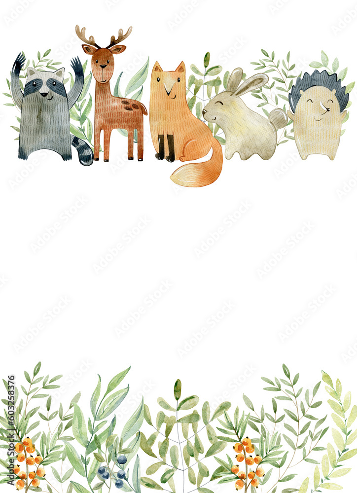 Fototapeta premium Baby shower card. Watercolor woodland frame with animals.