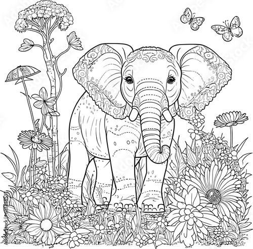 Fototapeta Naklejka Na Ścianę i Meble -  Elephant Coloring Page Great for Beginner Coloring Book Pro Vector