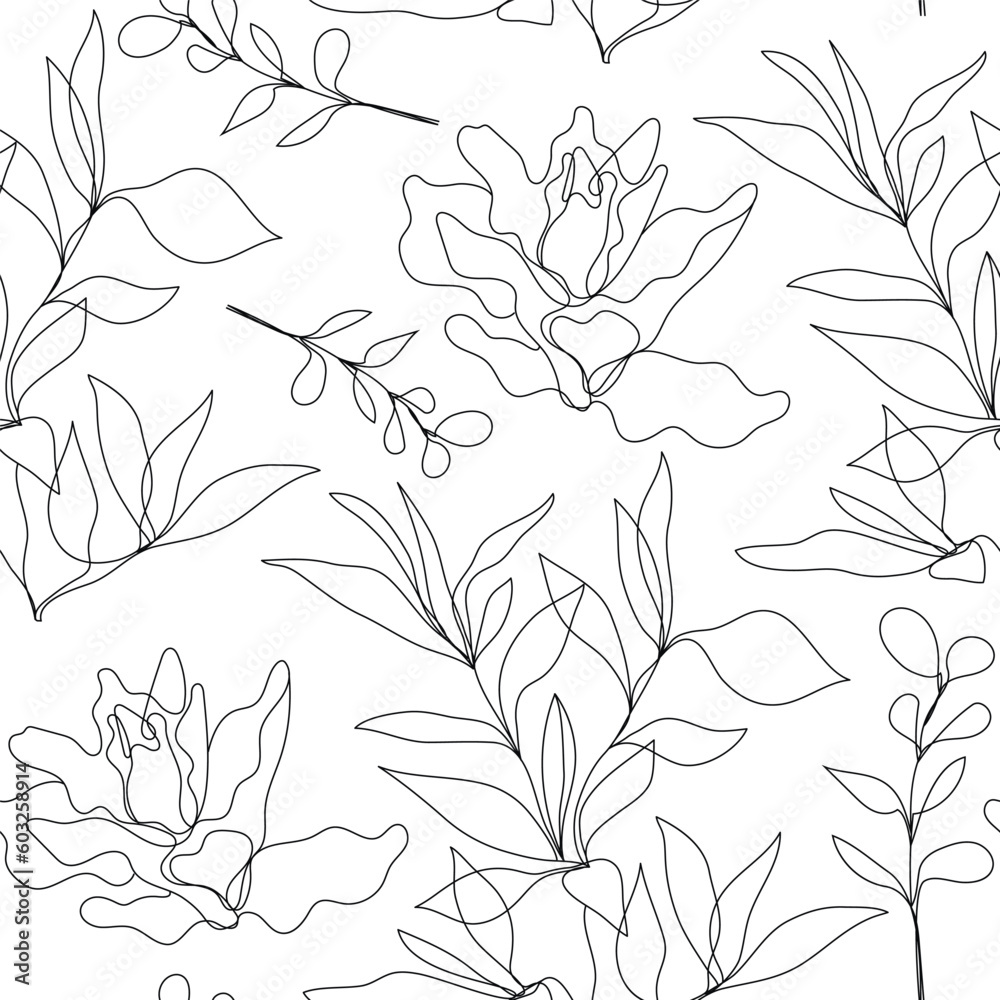 Vector floral linear seamless background, plants and leaves. One, continuous line pattern, hand drawn style. Monoline doodle.