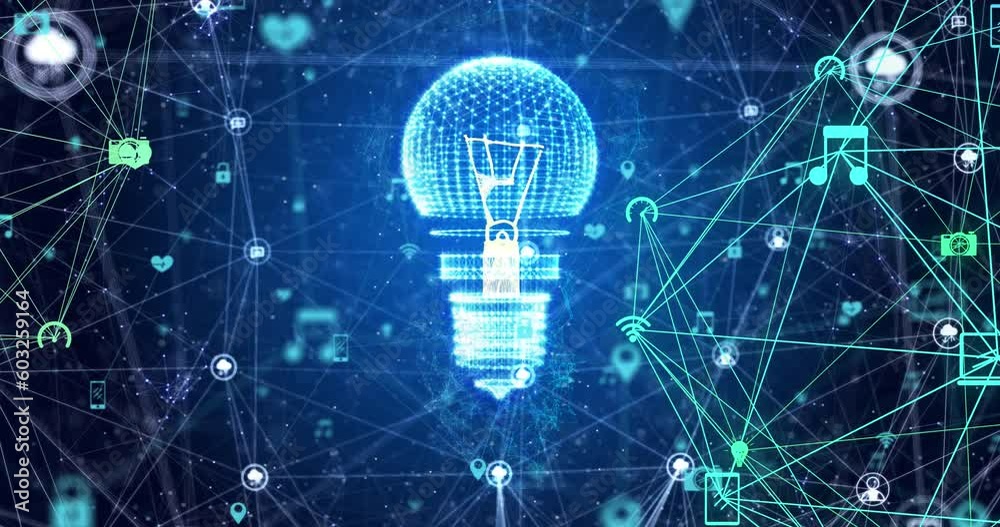 Animation of light bulb, connections and data processing Animation of light bulb, connections and data processing