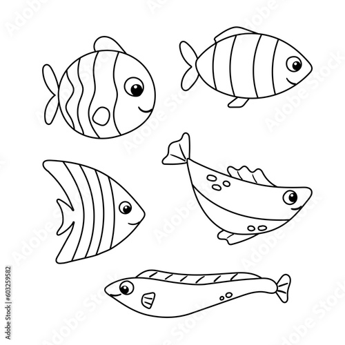 Vector set of sea fish cartoon illustration on white background. Flat simple aquarium fish icon