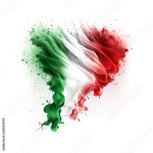 Italian Wave flag, fine powder exploding on a white background.