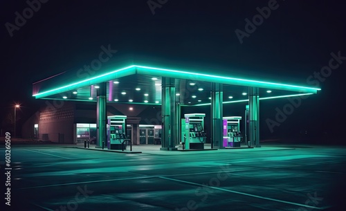 Horizontal shot of a generic unbranded gas station at night with copy space at the top and bottom. created with Generative AI technology