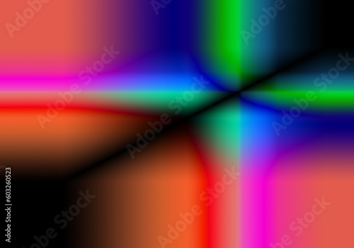 Pintura abstracta con una cruz en su lateral superior derecho en degradado rojo, naranja, verde, fucsia, azul, violeta, morado y negro. photo