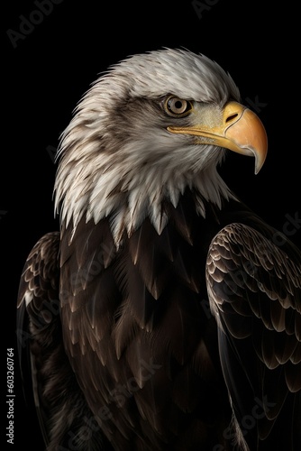 Majestic Freedom  Close-Up Portrait of a Bald Eagle against a Dark Background  generative Ai