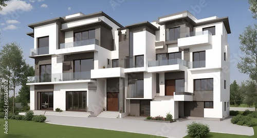 Fotografia Illustration of a modern three-story villa with many windows and balconies creat